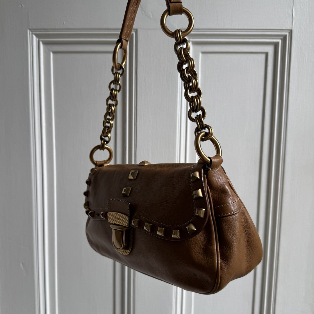 Prada Borchie Studded Brown Leather Shoulder Bag