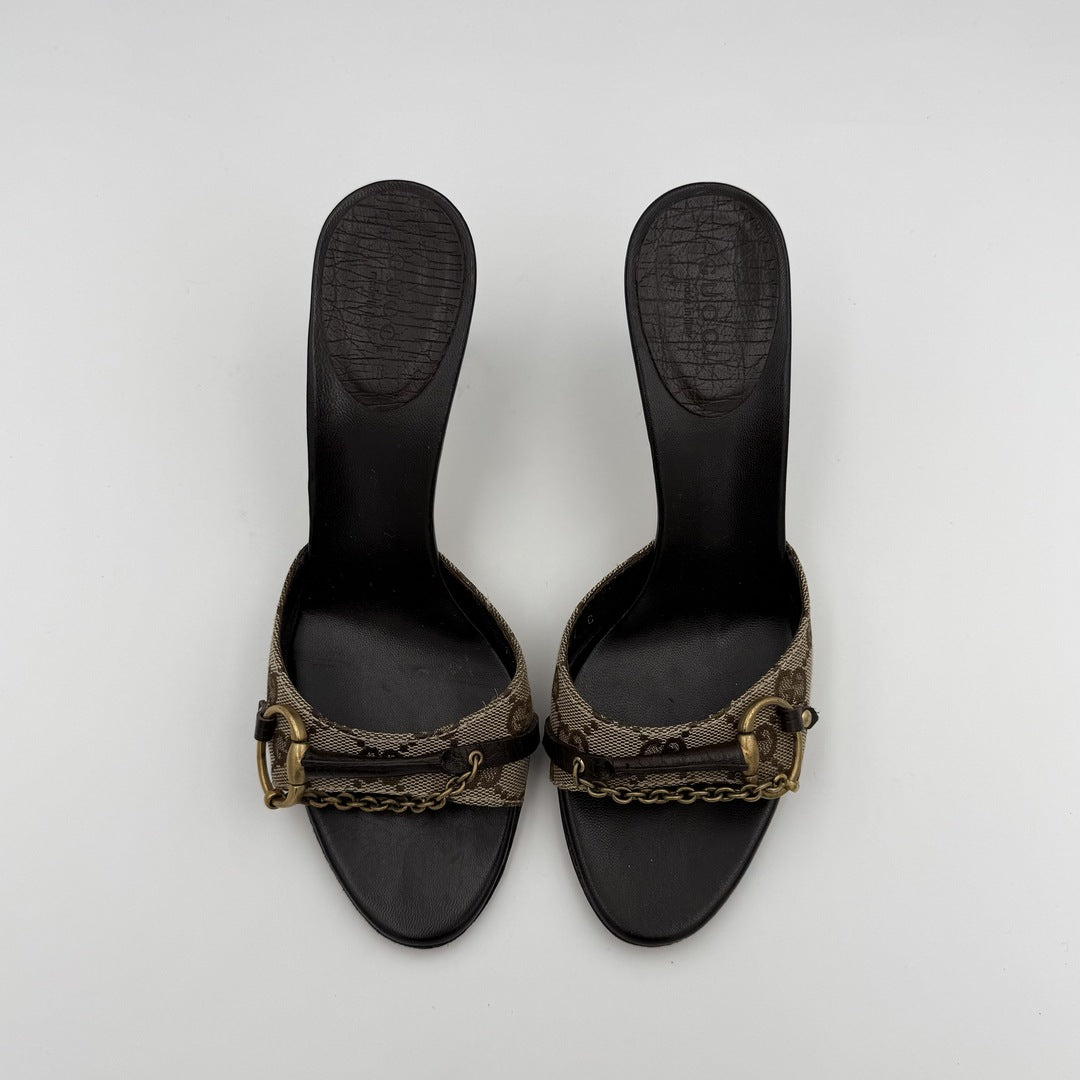 Gucci GG Canvas Horsebit Chain Kitten Heels