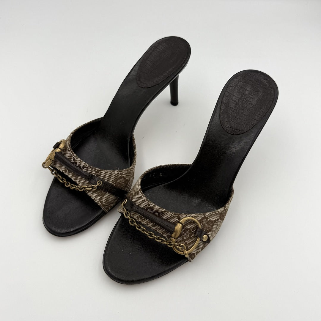 Gucci GG Canvas Horsebit Chain Kitten Heels