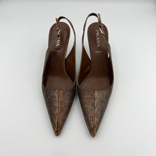 2000s Prada Snake Print Brown Slingback Kitten Heels