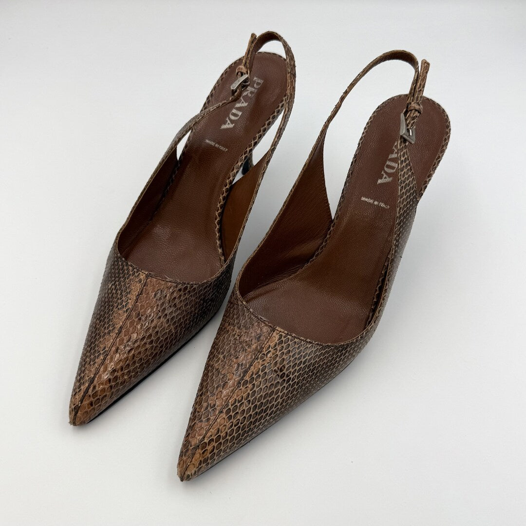 2000s Prada Snake Print Brown Slingback Kitten Heels