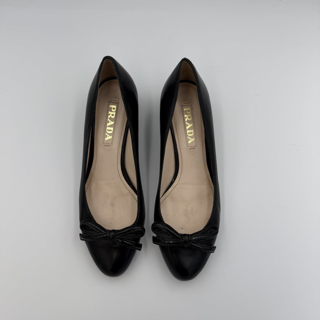 Prada Bow Leather Black Kitten Block Heels