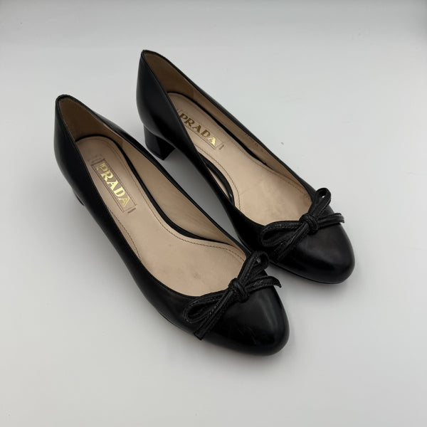 Prada Bow Leather Black Kitten Block Heels