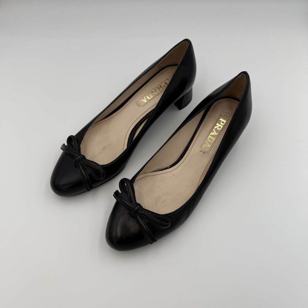 Prada Bow Leather Black Kitten Block Heels