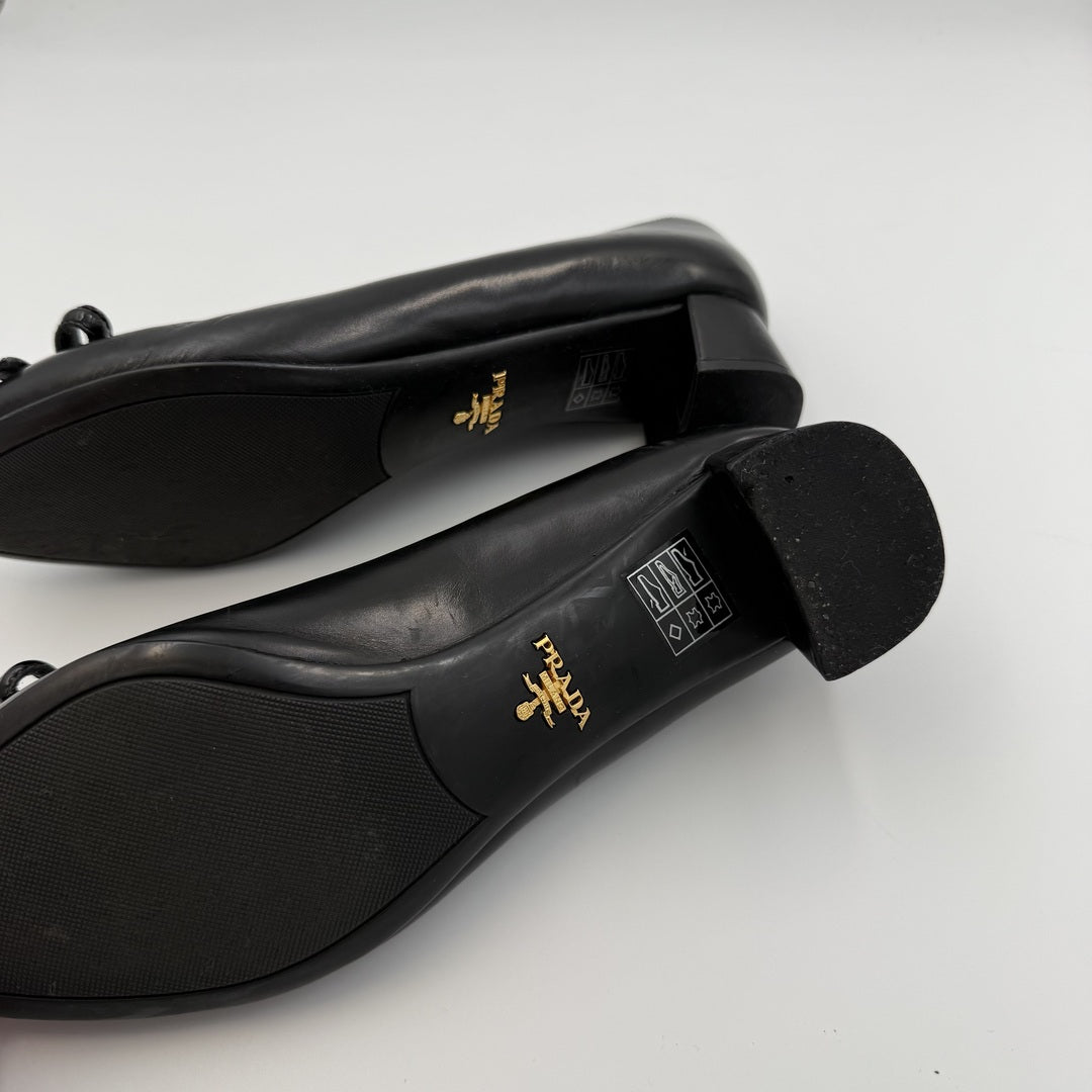 Prada Bow Leather Black Kitten Block Heels