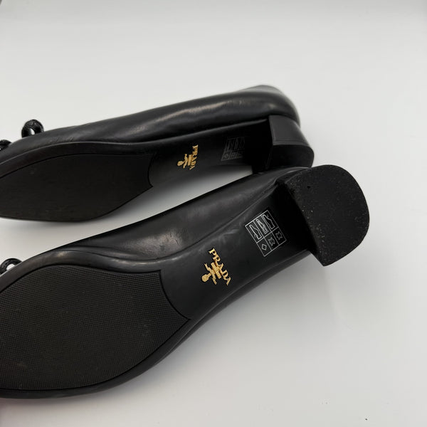 Prada Bow Leather Black Kitten Block Heels