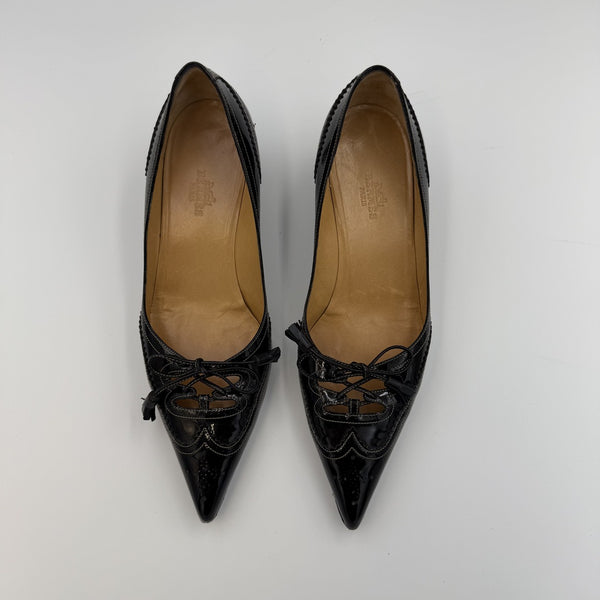 Hermes Ghillie Leather Black Kitten Heels