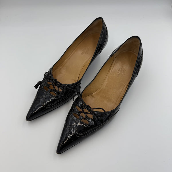 Hermes Ghillie Leather Black Kitten Heels