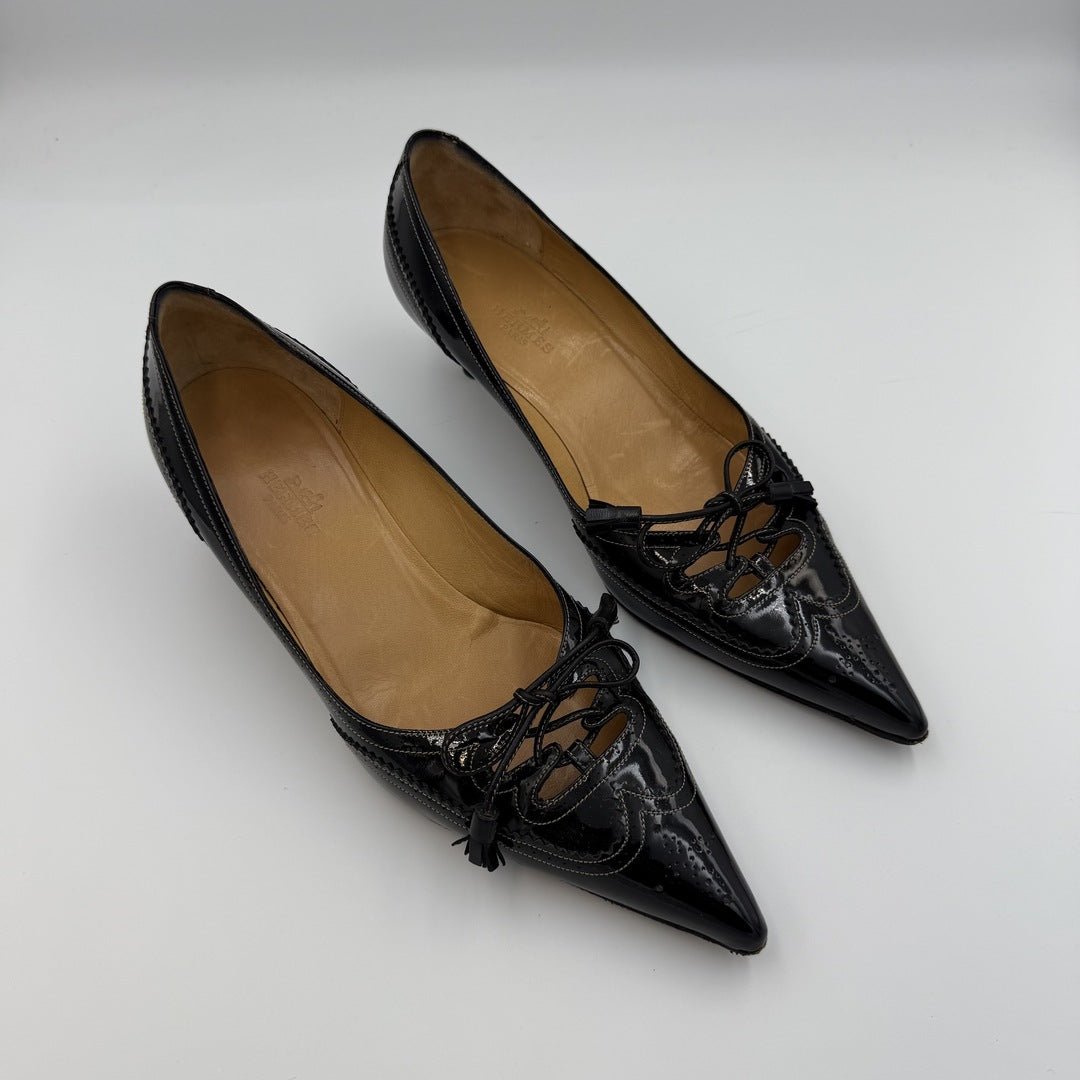 Hermes Ghillie Leather Black Kitten Heels