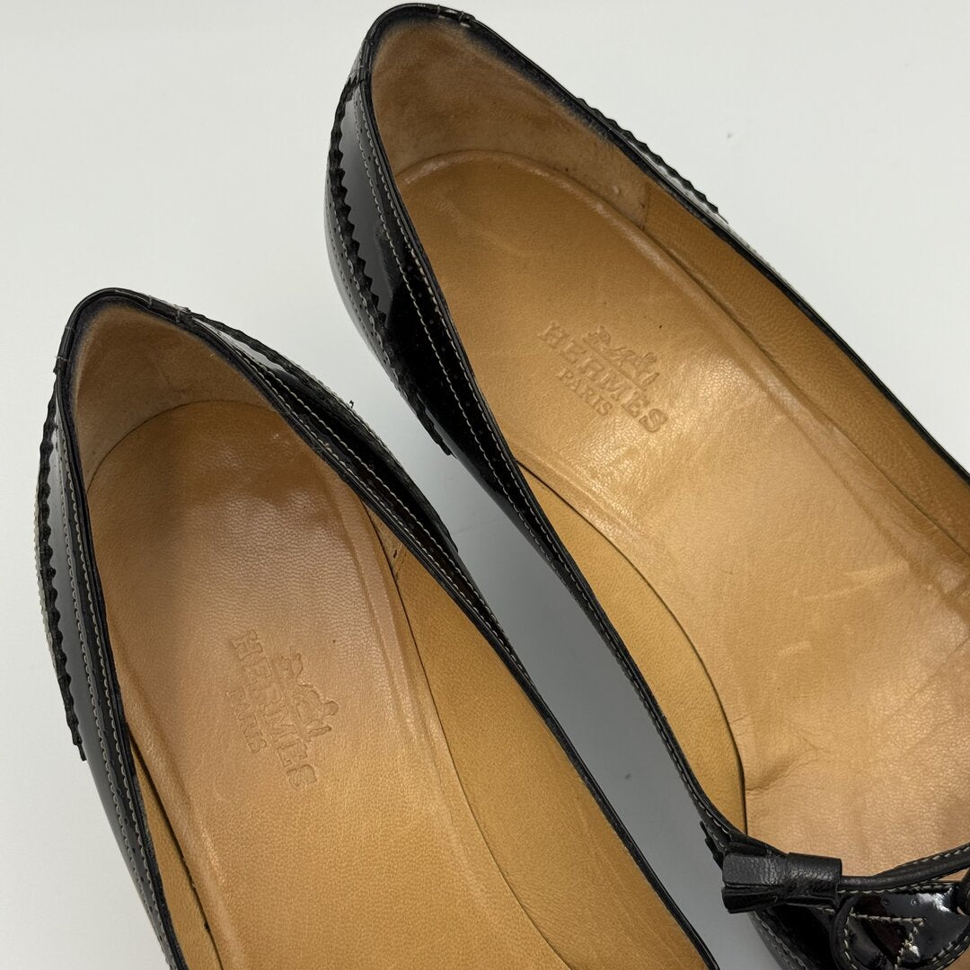 Hermes Ghillie Leather Black Kitten Heels