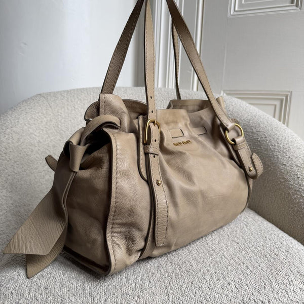 Miu Miu Vitello Beige Leather Tote Bag