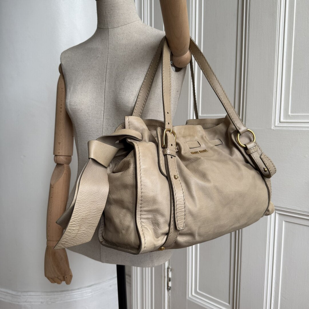 Miu Miu Vitello Beige Leather Tote Bag