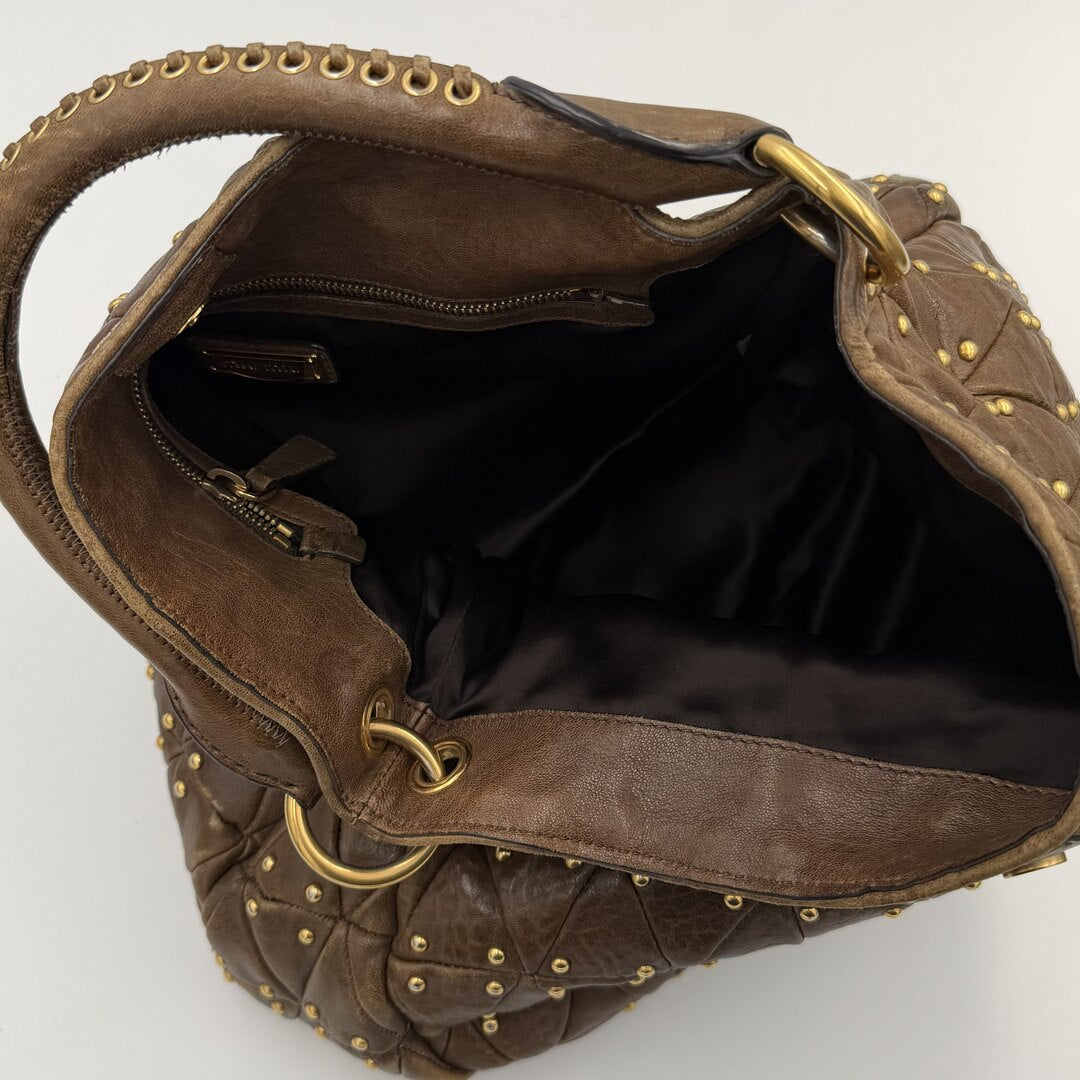 Miu Miu Dark Brown Leather Studded Shoulder Bag