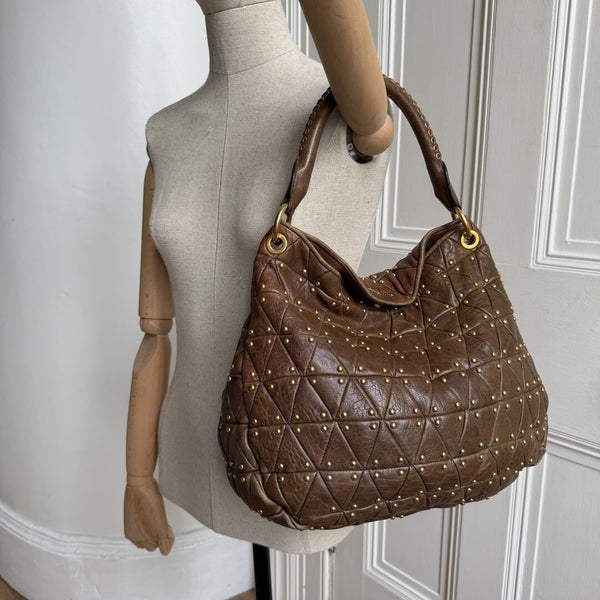 Miu Miu Dark Brown Leather Studded Shoulder Bag