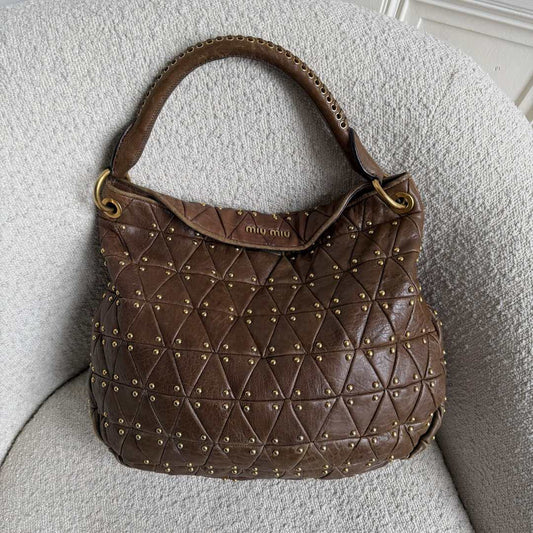 Miu Miu Dark Brown Leather Studded Shoulder Bag