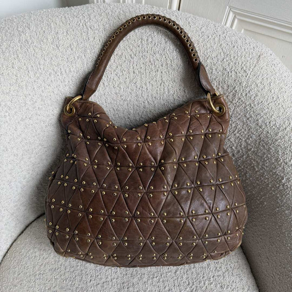 Miu Miu Dark Brown Leather Studded Shoulder Bag