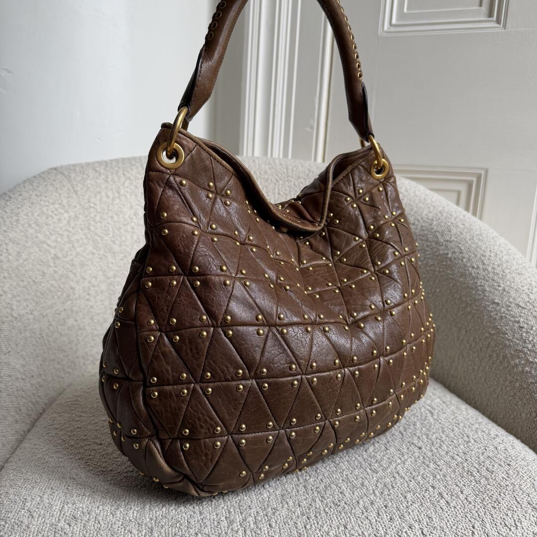 Miu Miu Dark Brown Leather Studded Shoulder Bag