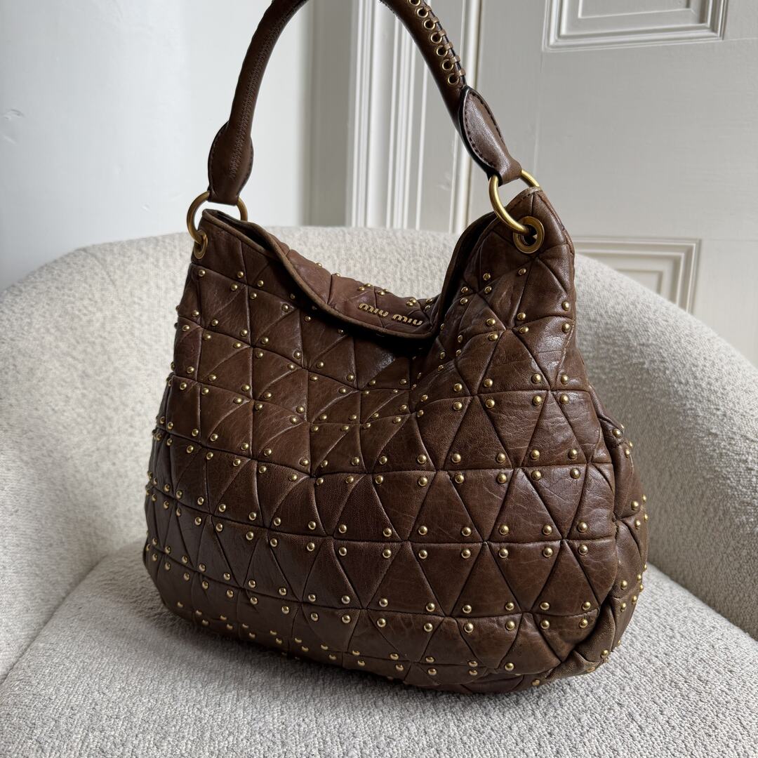 Miu Miu Dark Brown Leather Studded Shoulder Bag