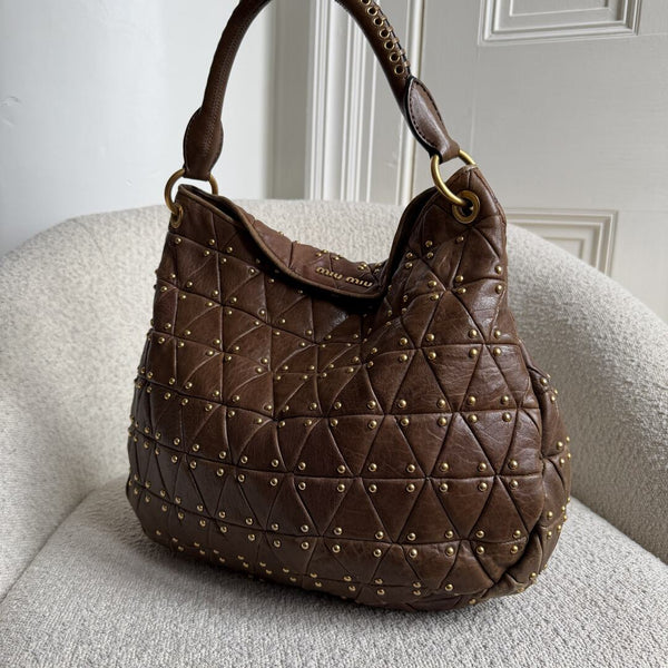 Miu Miu Dark Brown Leather Studded Shoulder Bag