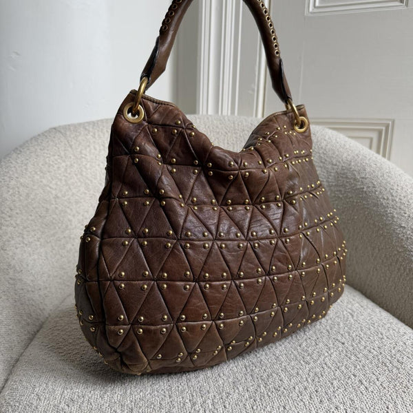 Miu Miu Dark Brown Leather Studded Shoulder Bag