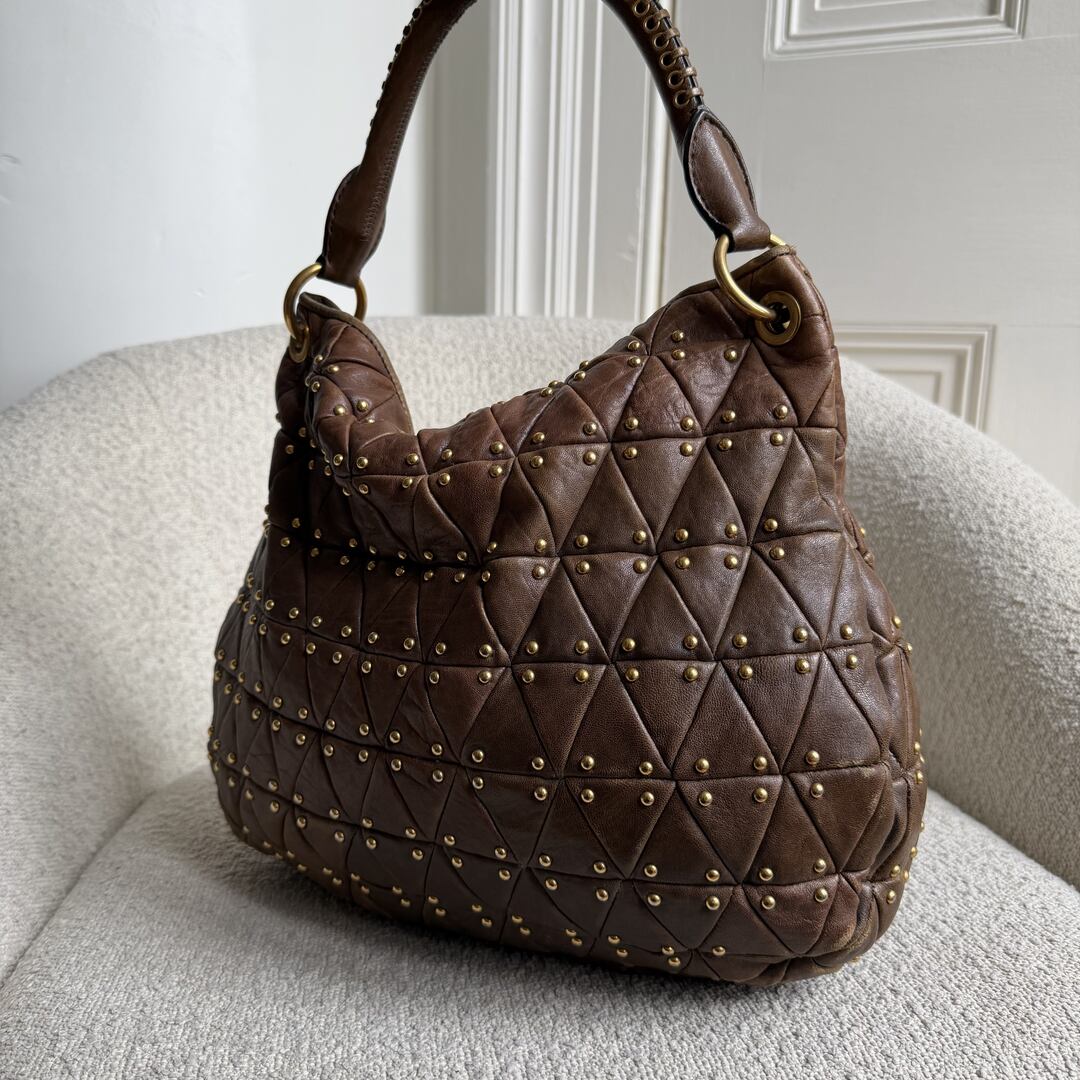 Miu Miu Dark Brown Leather Studded Shoulder Bag