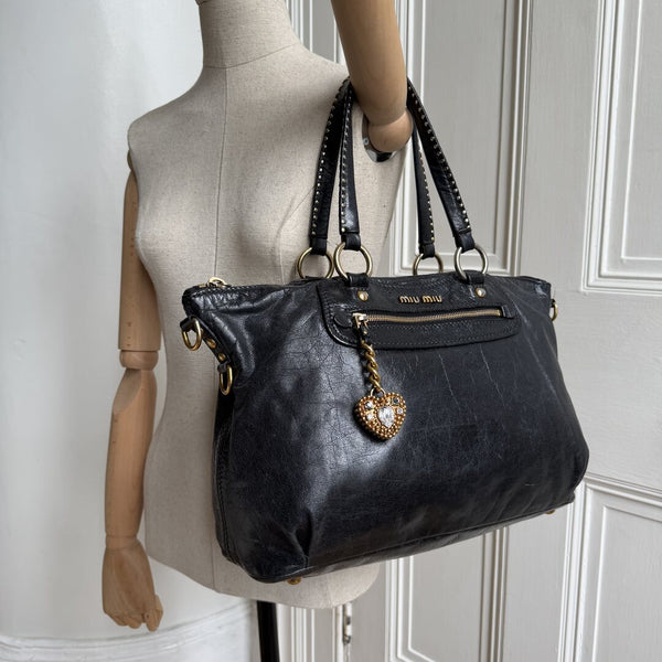 Miu Miu Studded Black Leather Shoulder Bag
