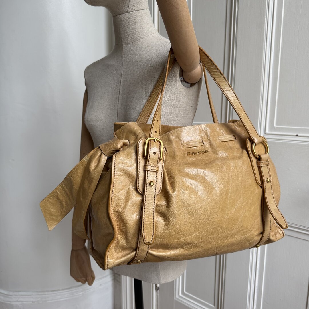 Miu Miu Vitello Camel Leather Tote Bag