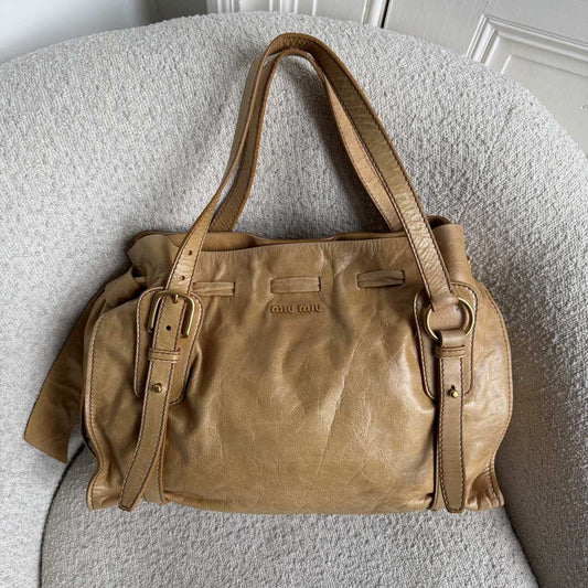Miu Miu Vitello Camel Leather Tote Bag