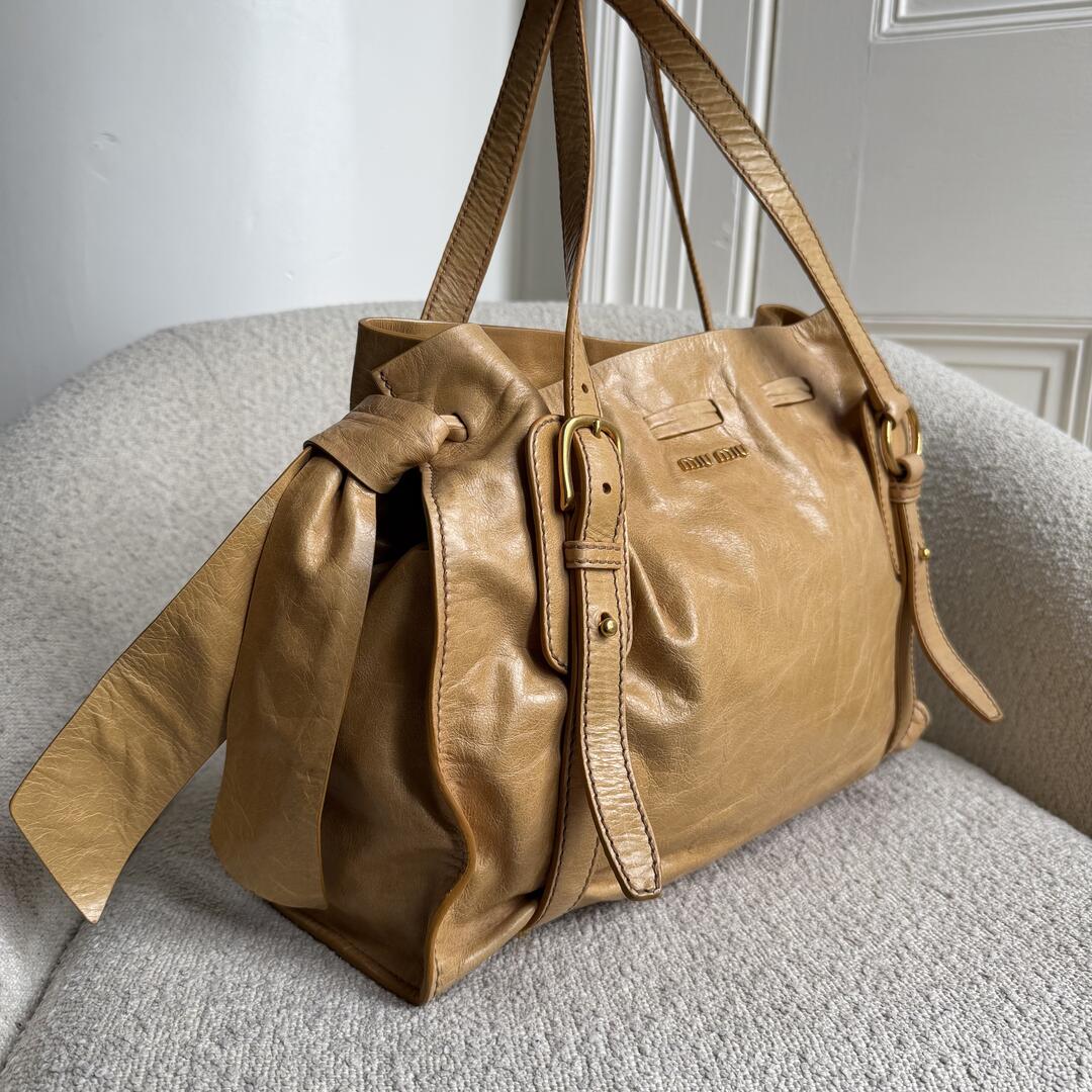 Miu Miu Vitello Camel Leather Tote Bag