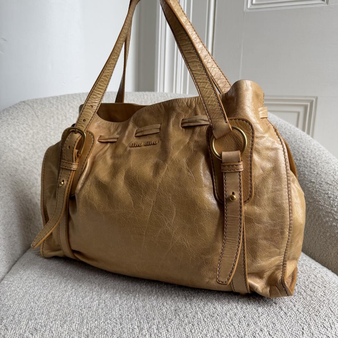 Miu Miu Vitello Camel Leather Tote Bag