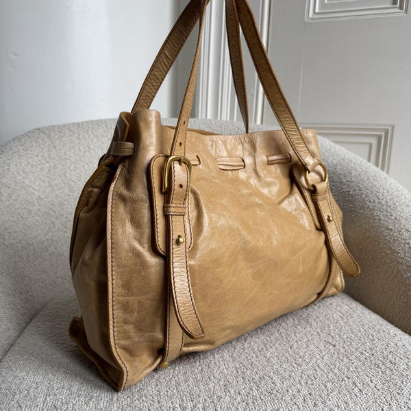 Miu Miu Vitello Camel Leather Tote Bag