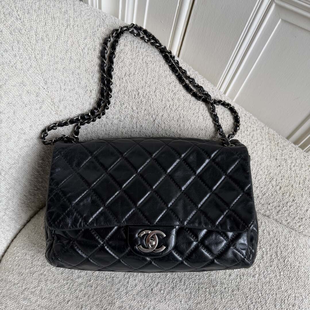 2015 Chanel Classic Jumbo Crinkled Black Flap Shoulder Bag