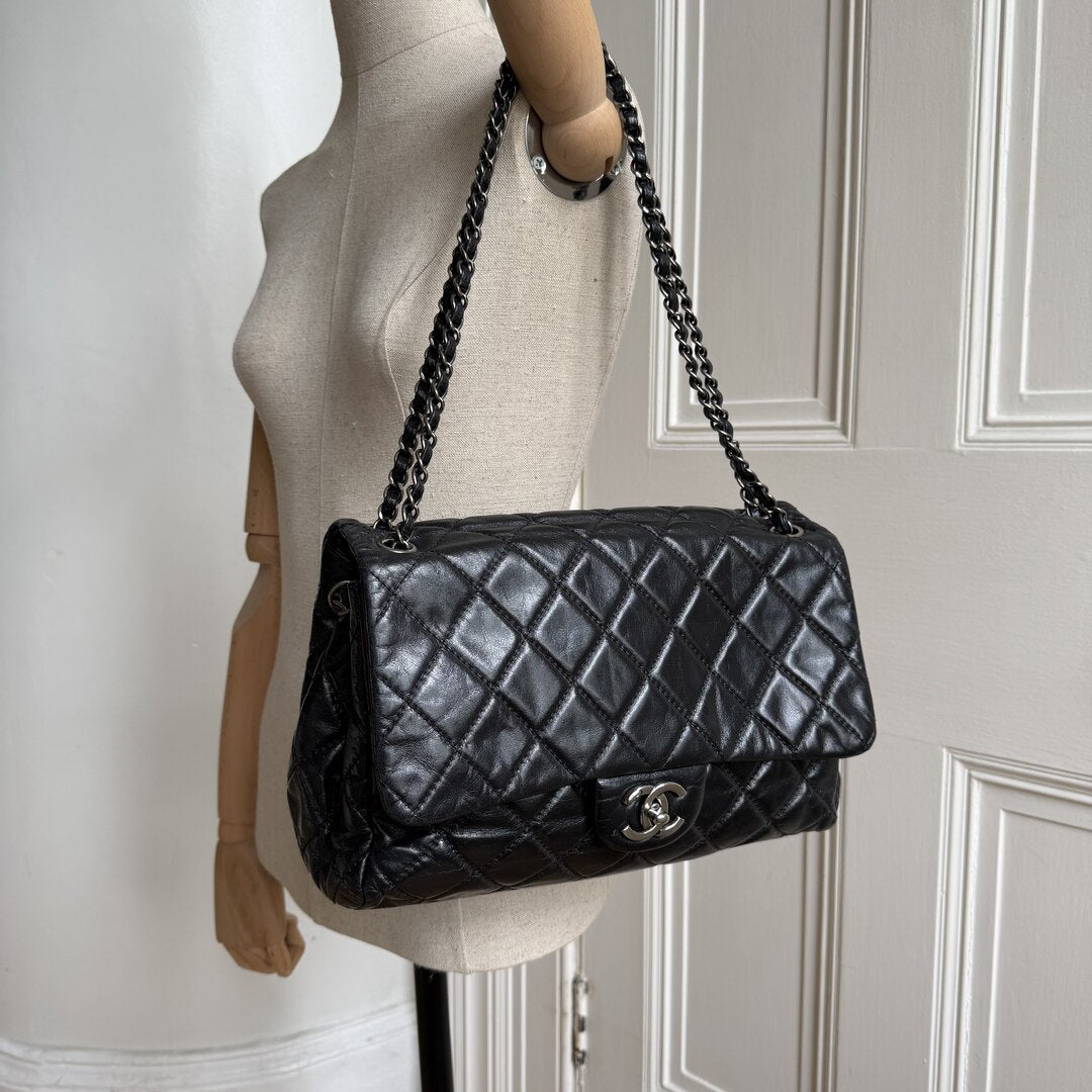 2015 Chanel Classic Jumbo Crinkled Black Flap Shoulder Bag