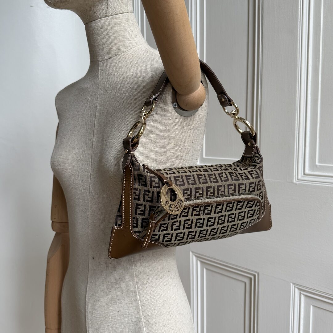 Fendi Zucchino Canvas Chef Brown Shoulder Bag