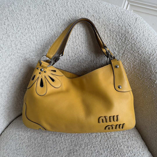 RARE Miu Miu Flower Hobo Leather Yellow Shoulder Bag