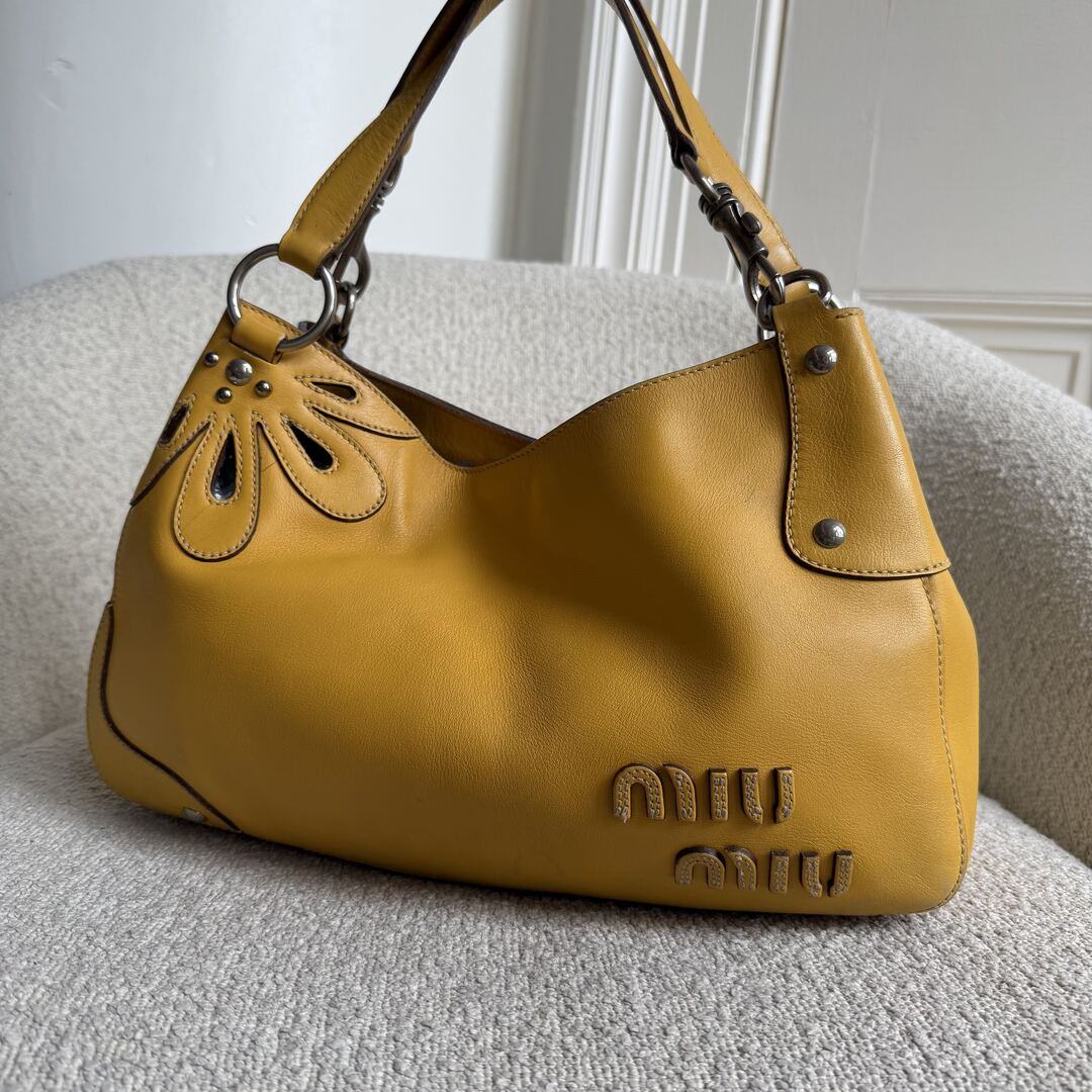RARE Miu Miu Flower Hobo Leather Yellow Shoulder Bag