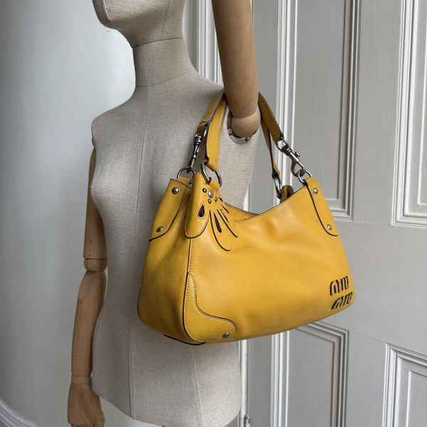 RARE Miu Miu Flower Hobo Leather Yellow Shoulder Bag