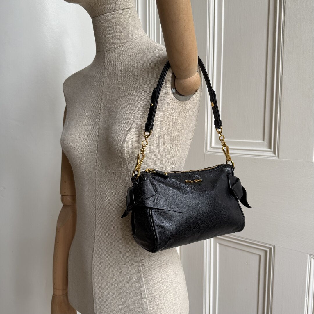 Miu Miu Vitello Bow Leather Black Mini Shoulder Bag