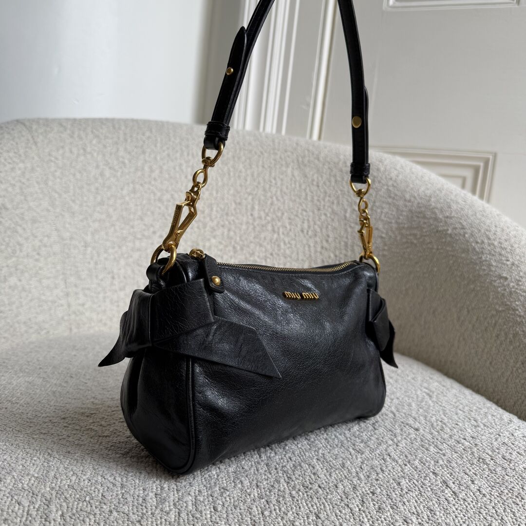 Miu Miu Vitello Bow Leather Black Mini Shoulder Bag