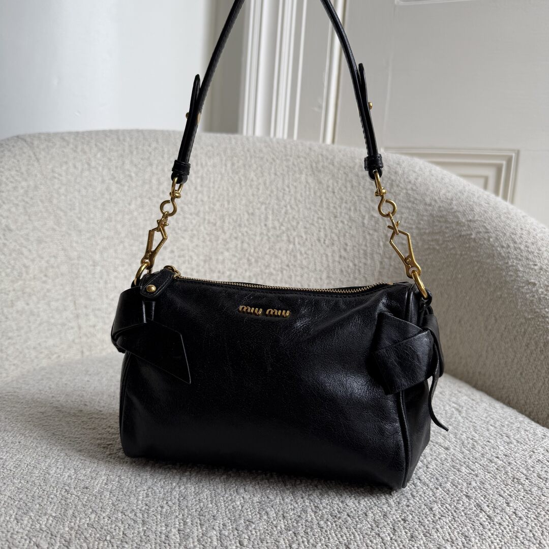 Miu Miu Vitello Bow Leather Black Mini Shoulder Bag