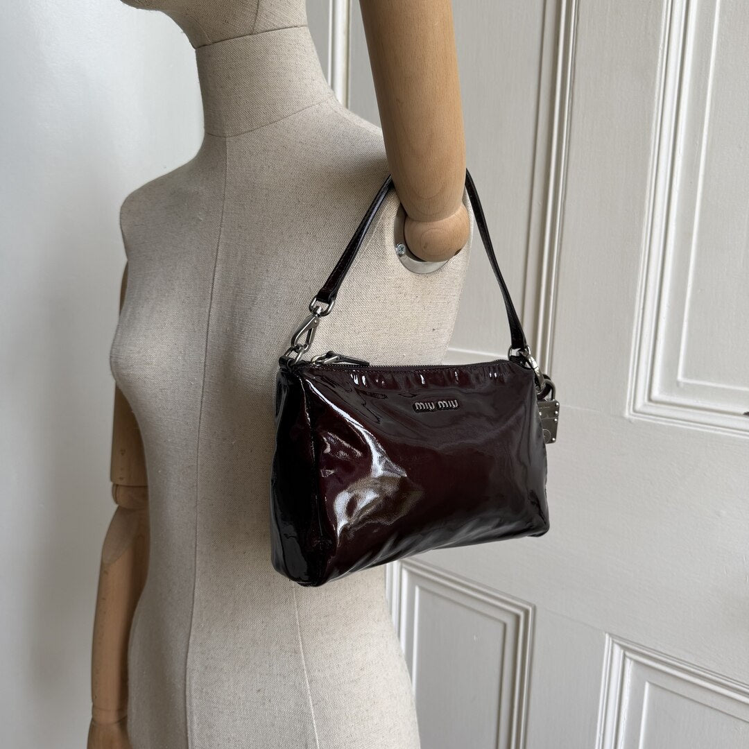 2000s Miu Miu Patent Dark Brown Leather Mini Shoulder Bag