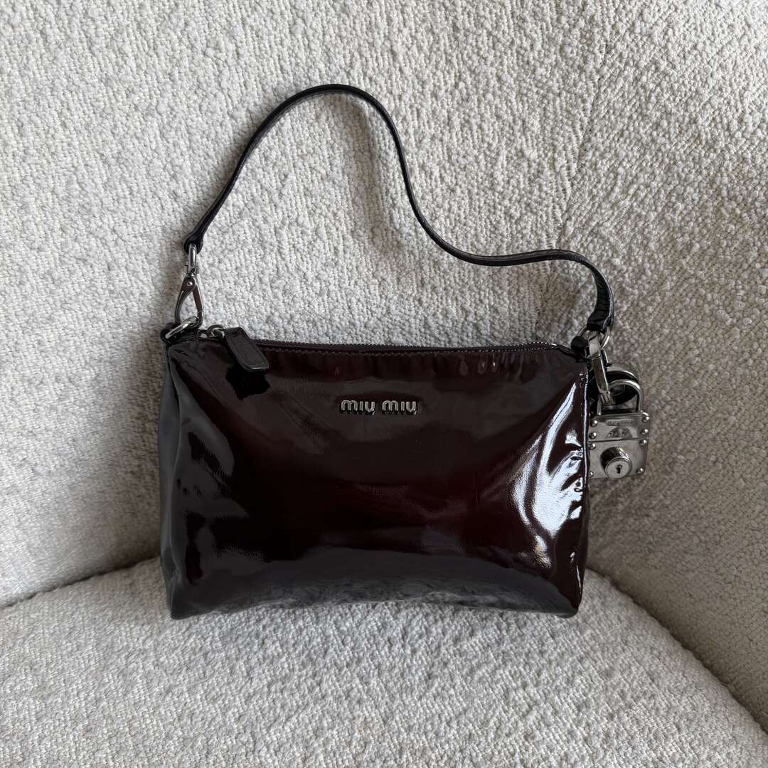 2000s Miu Miu Patent Dark Brown Leather Mini Shoulder Bag