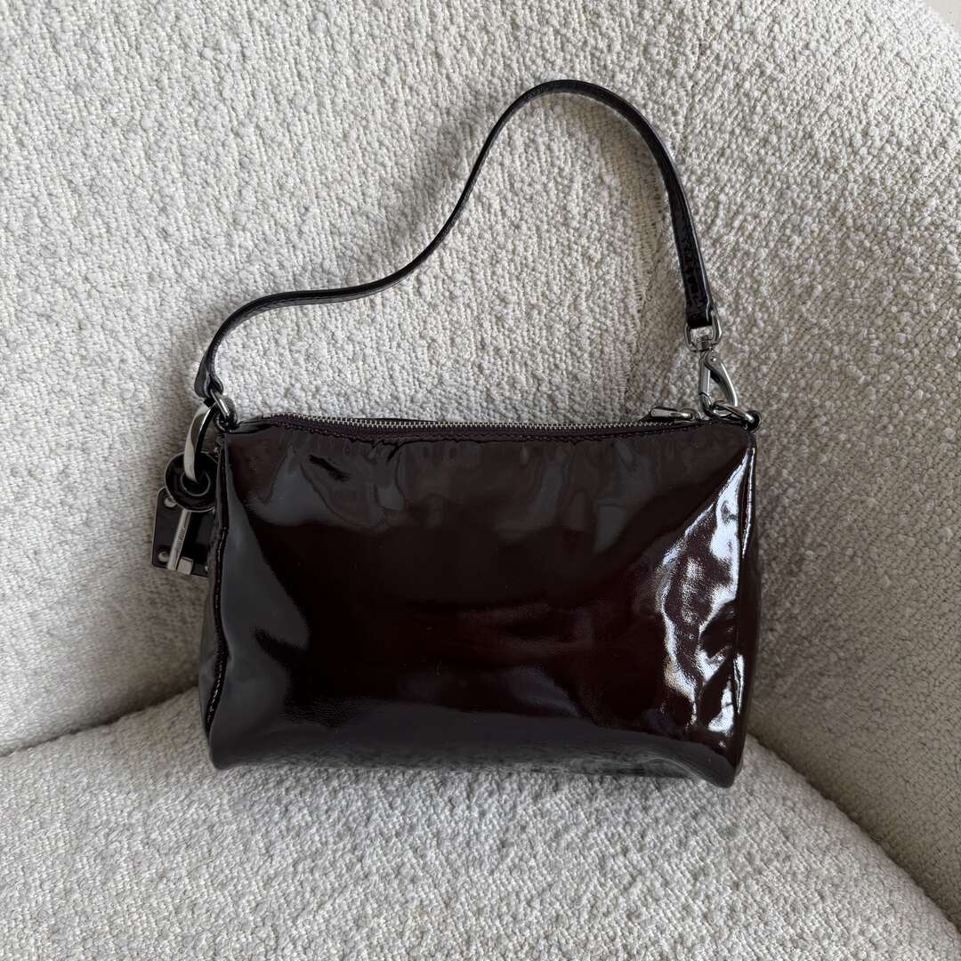 2000s Miu Miu Patent Dark Brown Leather Mini Shoulder Bag