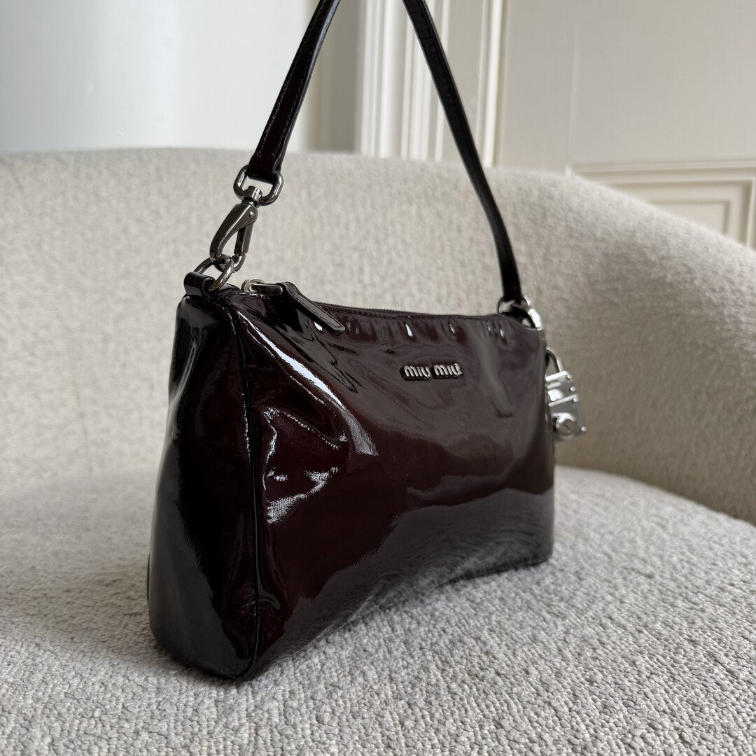 2000s Miu Miu Patent Dark Brown Leather Mini Shoulder Bag