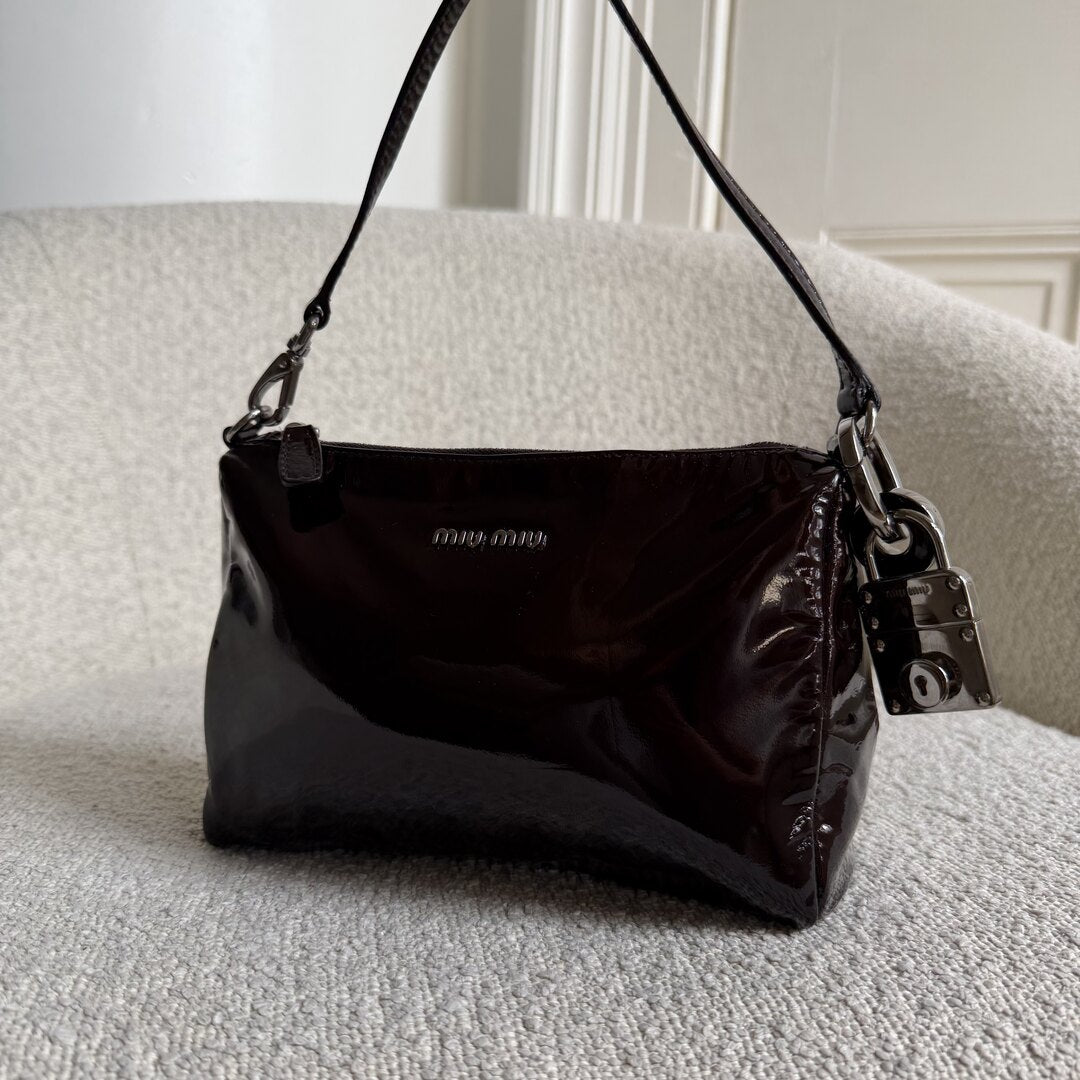 2000s Miu Miu Patent Dark Brown Leather Mini Shoulder Bag