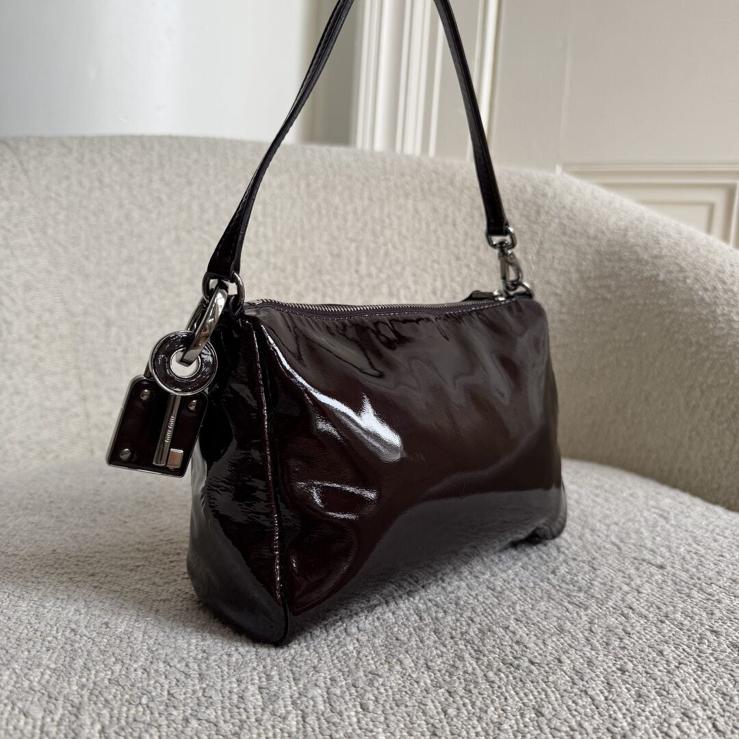 2000s Miu Miu Patent Dark Brown Leather Mini Shoulder Bag