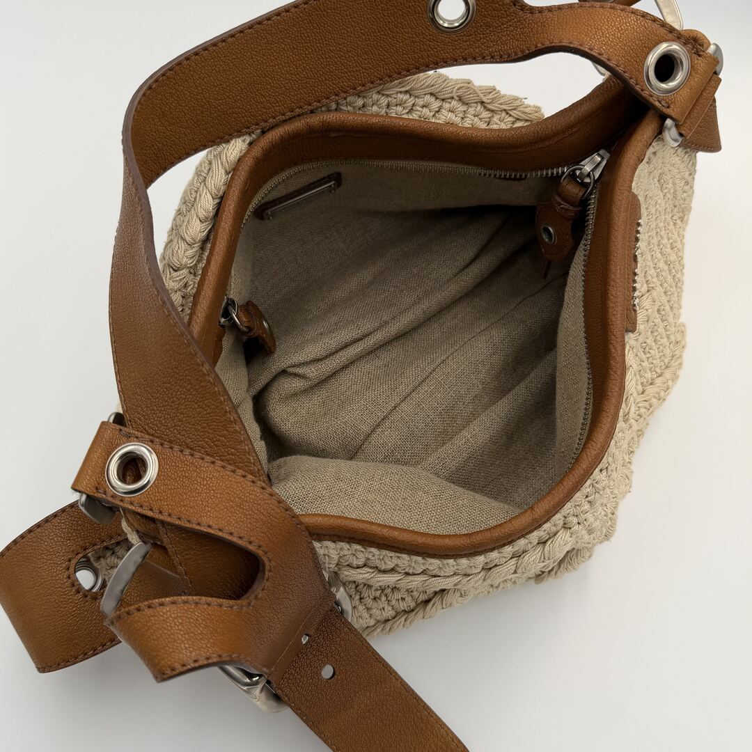 2000s Miu Miu Crochet Knitted Cream Shoulder Bag