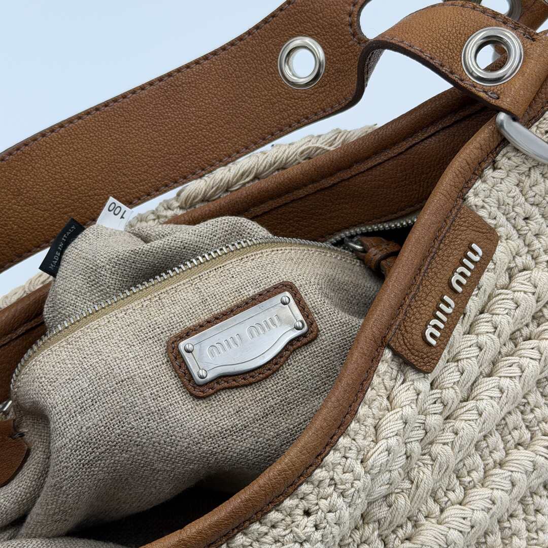 2000s Miu Miu Crochet Knitted Cream Shoulder Bag
