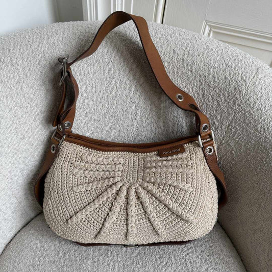 2000s Miu Miu Crochet Knitted Cream Shoulder Bag