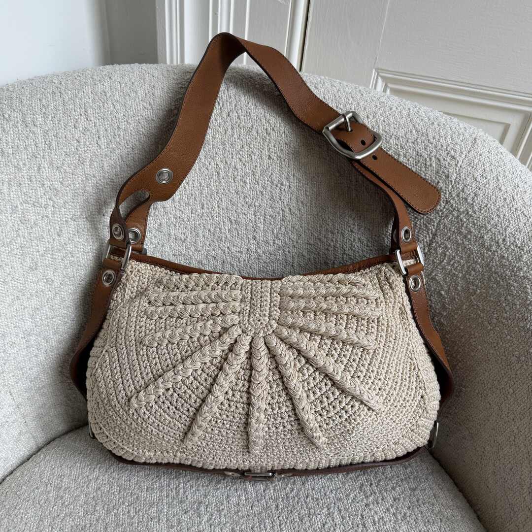 2000s Miu Miu Crochet Knitted Cream Shoulder Bag